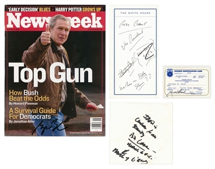 Lot of (4) Unique George Bush Items Including Signed Newsweek, Handwritten Notes Containing Bin Laden Security Threat Information and Identification Card (Sam Sutton LOA)